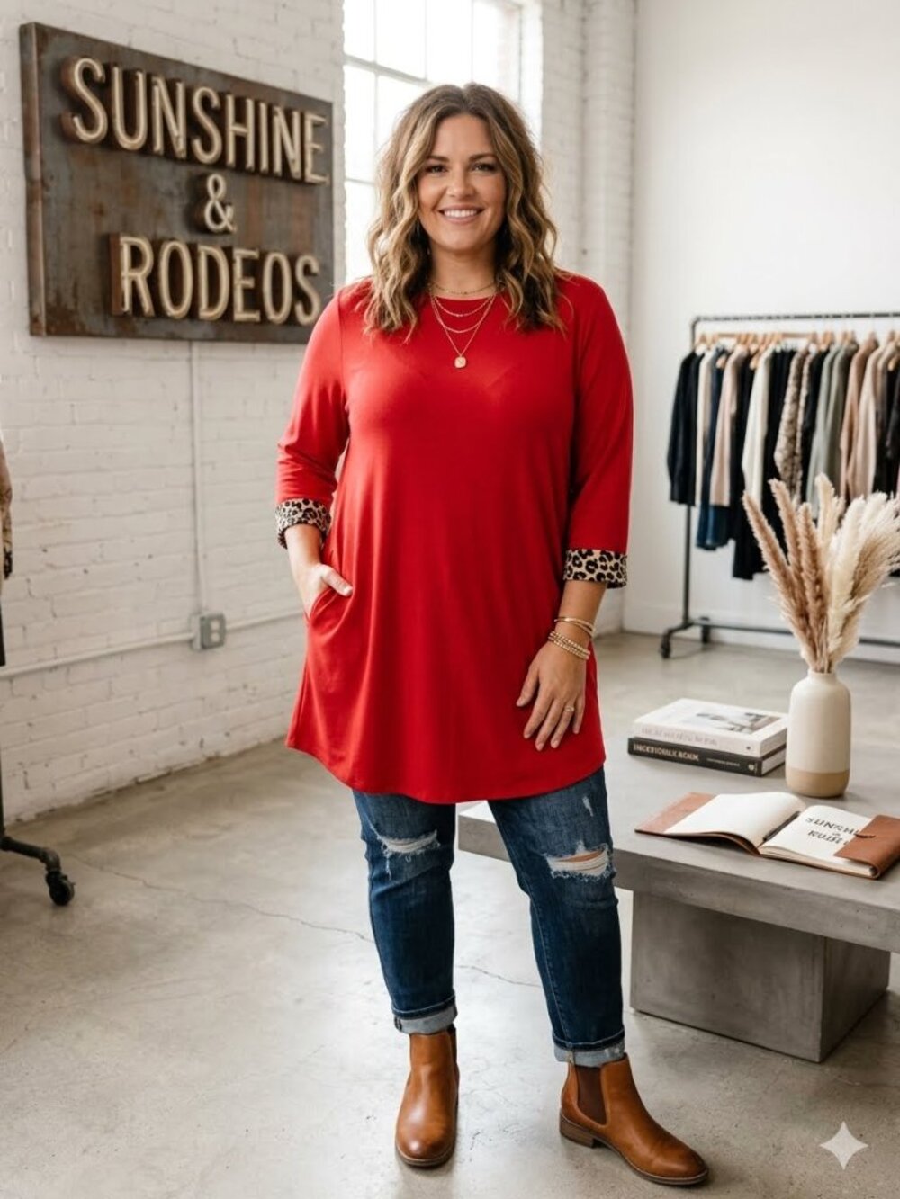 Sunshine & Rodeos Women SZ L Red 3/4 Sleeve Leopard Print Cuff Relaxed Fit Tunic